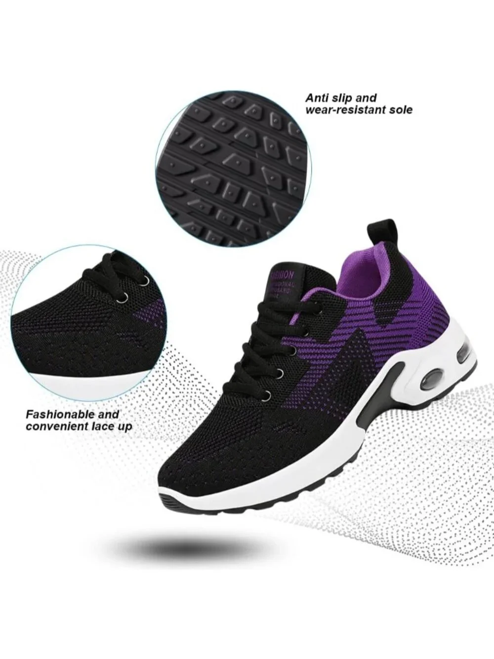 Women's Black Purple Lightweight Air Cushion Mesh Breathable Casual Sneakers